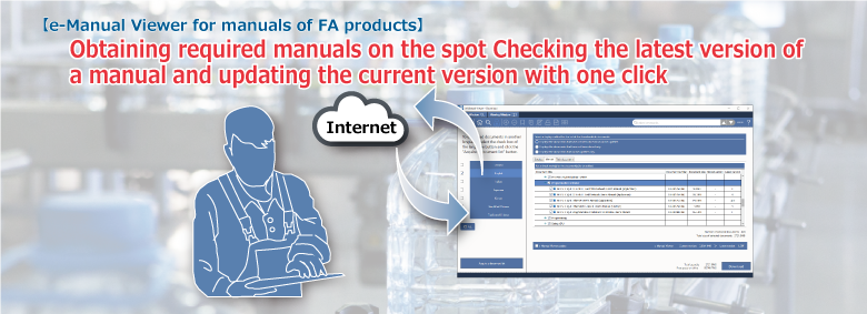 Obtaining manuals on the spot Checking the latest version of a manual and updating the current version with one click e-Manual Viewer for manuals of FA products.